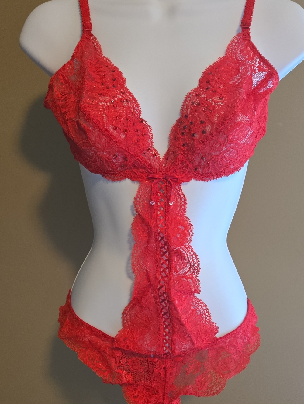 Very Sexy Victoria's Secret Red Lace and Beads Strappy Lace Teddy One Piece